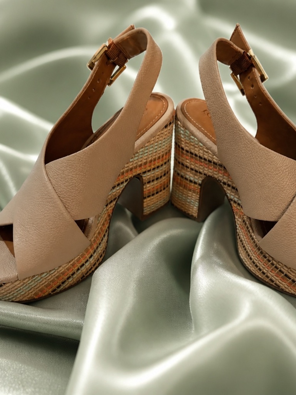 Neutral Beige Crossover Wedge Sandals with Multicolor Braided Platform
